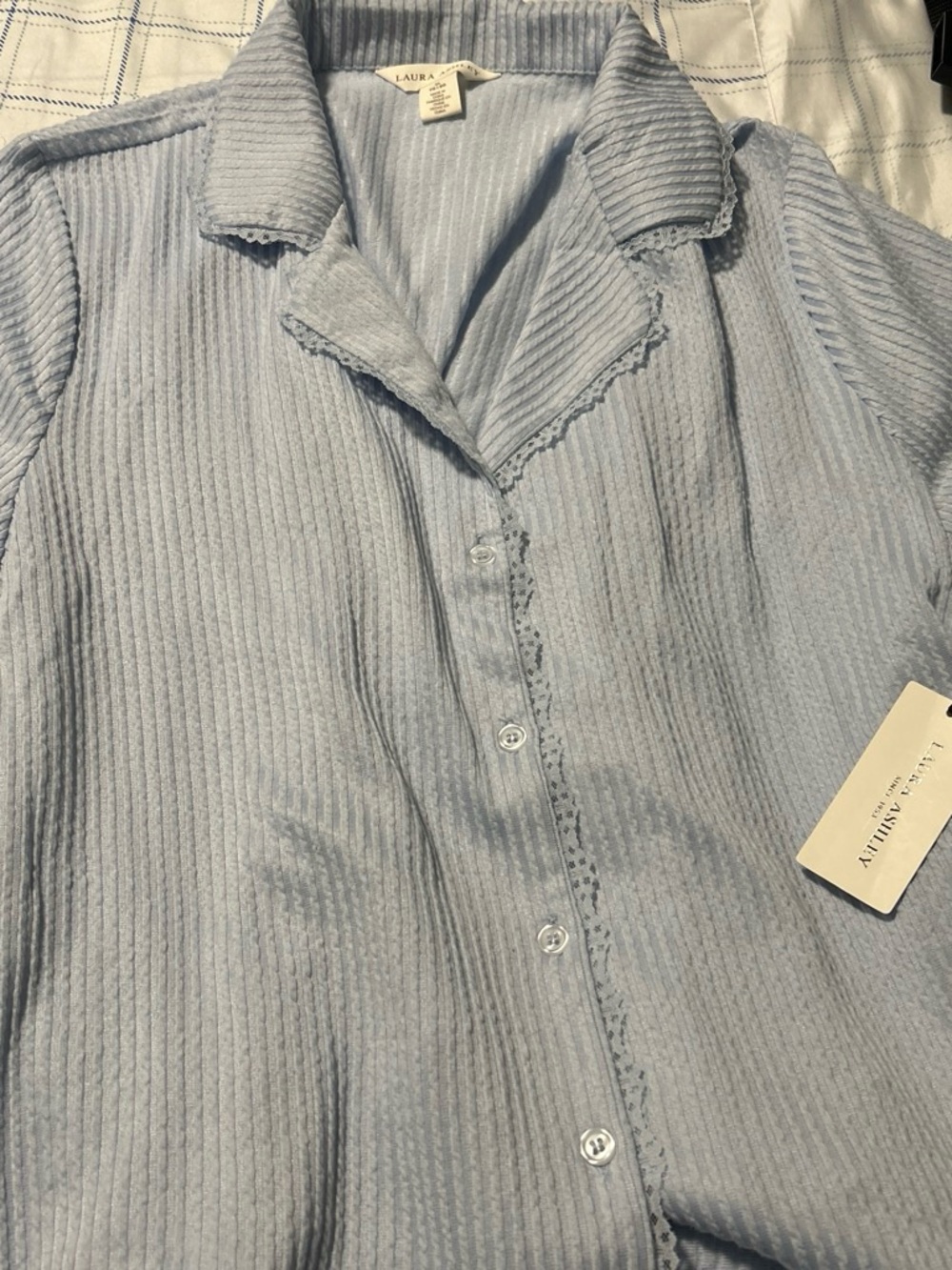 Laura Ashley Pale Blue Ribbed Button-Down Shirt